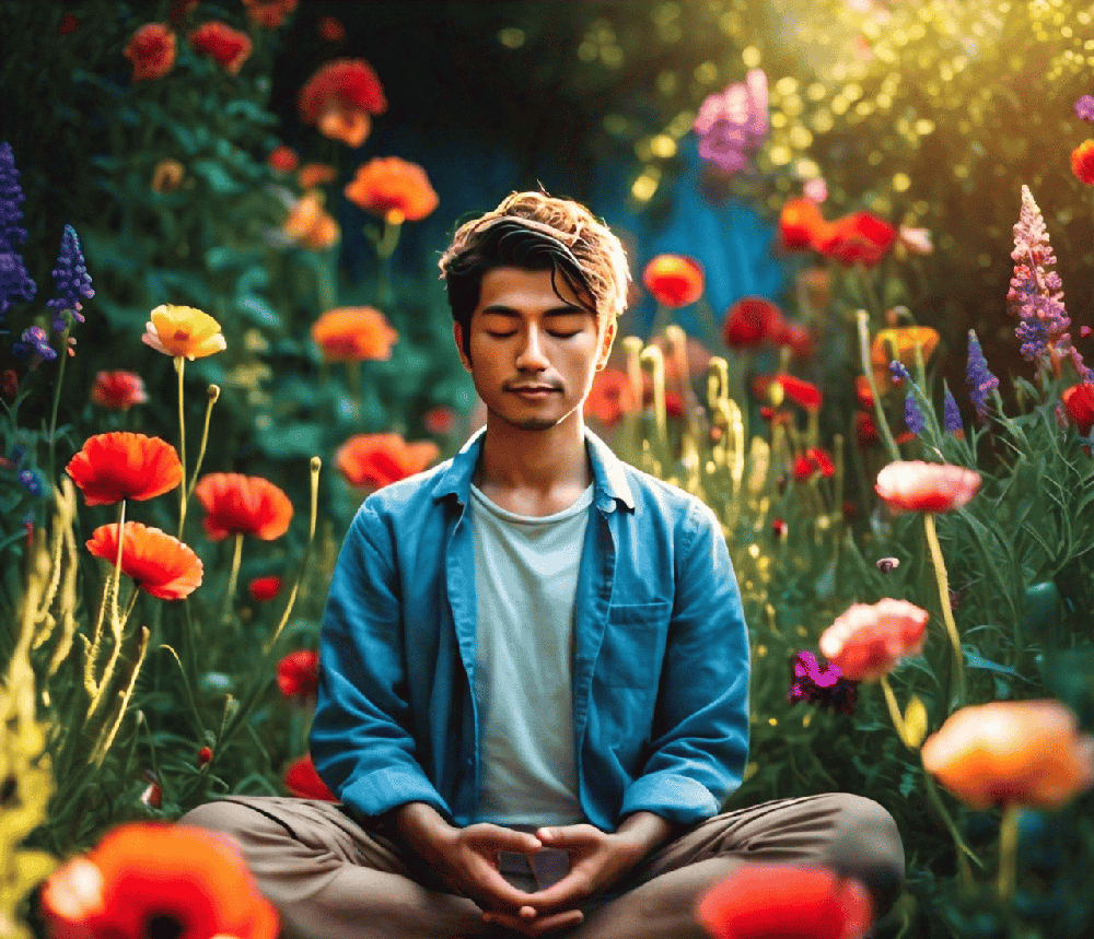 A person meditating in a garden, surrounded by colorful flowers